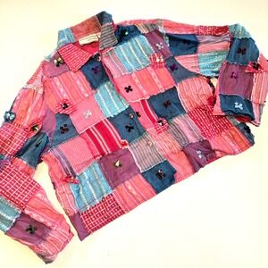 Carrie Allen‎ Patchwork Sequined Button Down Collared Blouse Womens Size Large